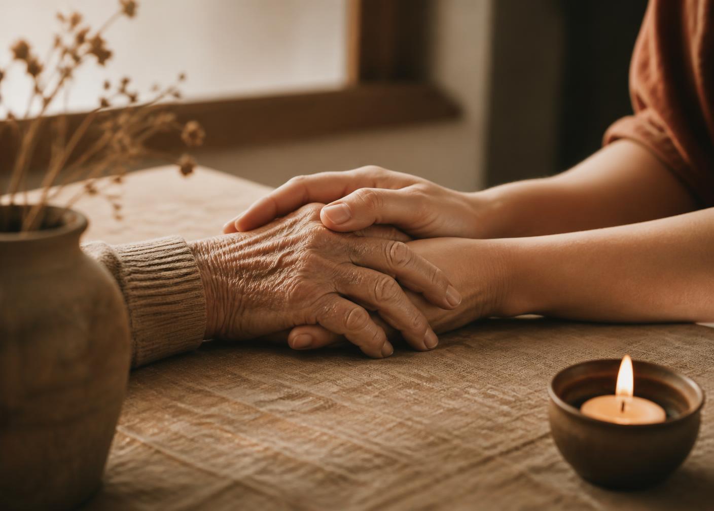 A younger hand resting on an older hand beside a lit candle