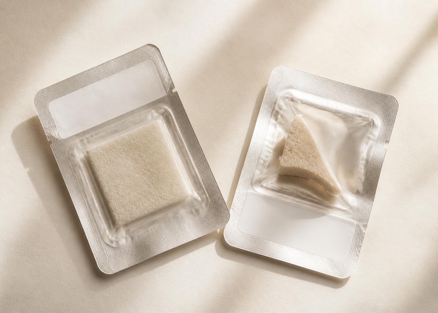 Unbranded sterile allograft packaging on a warm ivory surface