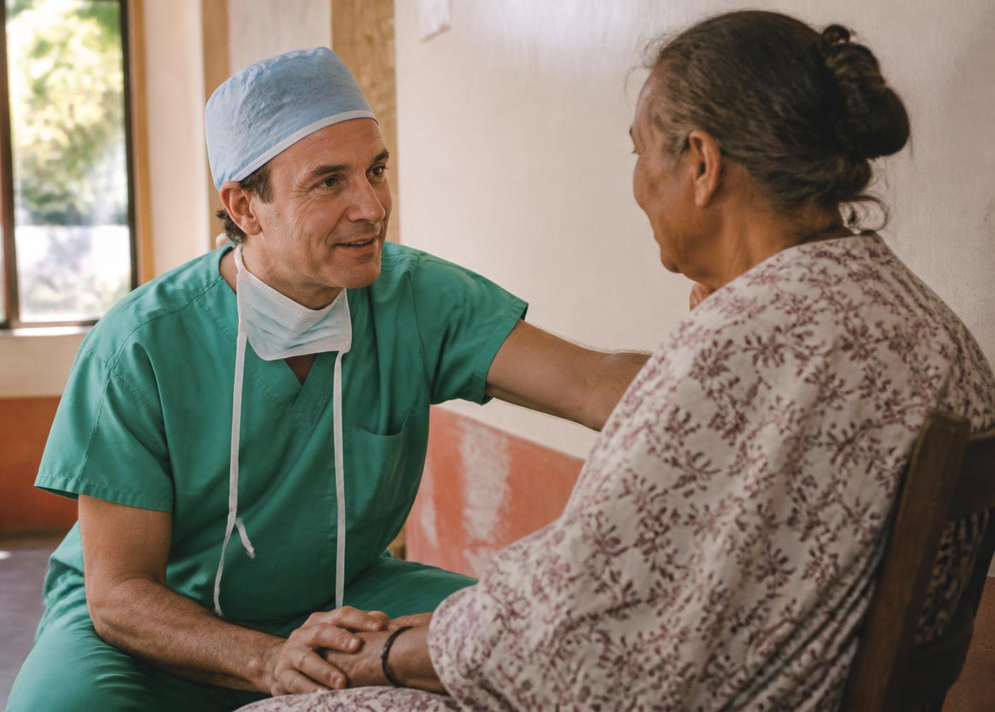A surgeon speaking with a patient in a sunlit clinic